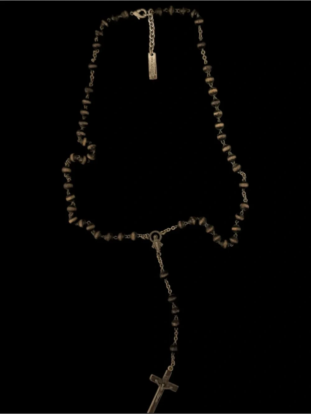 Vintage Dolce & Gabbana Wood Bead Rosary Necklace Crucifix DG Logo Plate Y2K